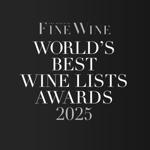 Logo with gold and white text on brown background that reads "Fine Wine World's Best Wine Lists Awards 2025"