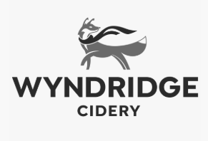 Logo for Wyndridge Cidery, depicting a red fox wearing a windblown blue scarf.