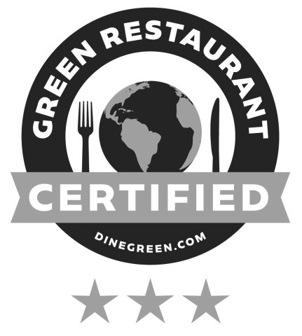 green circle logo that reads "Green Restaurant Certified" by dinegreen.com, with 3 green stars beneath